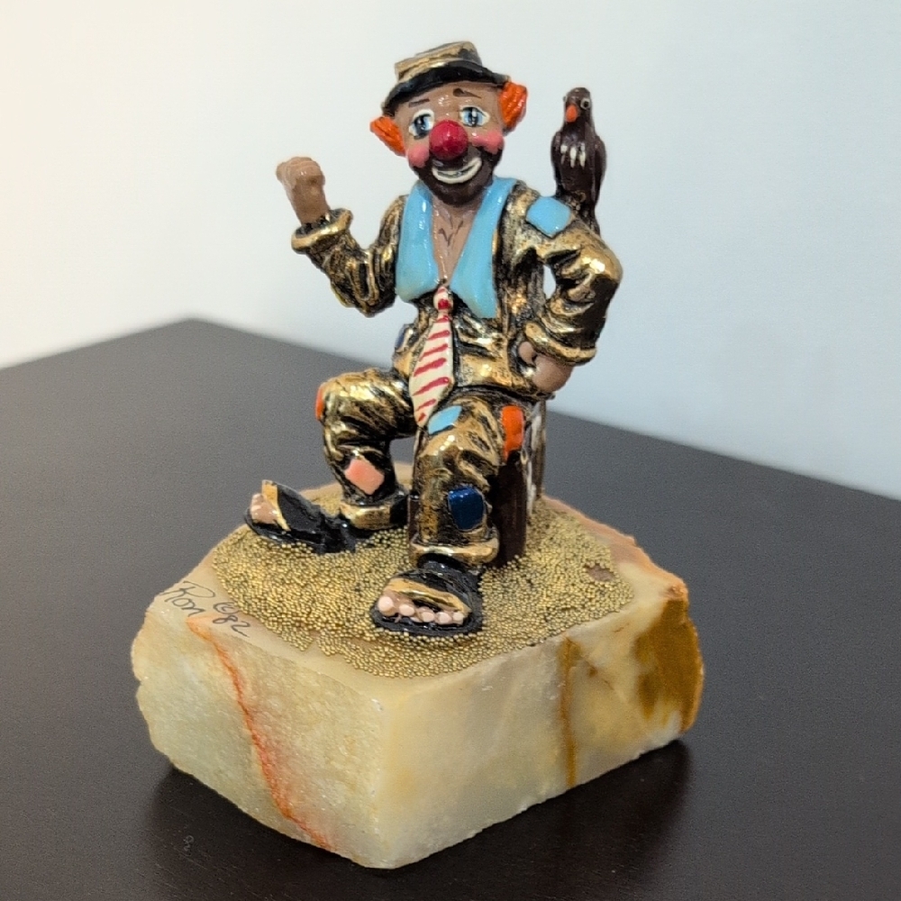 Ron Lee -Artist- 1982 Bronze Hobo Clown Figurine with Bird 5" Tall